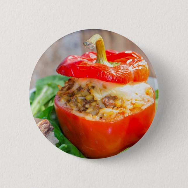 Baked stuffed peppers with meat sauce and cheese pinback button (Front)