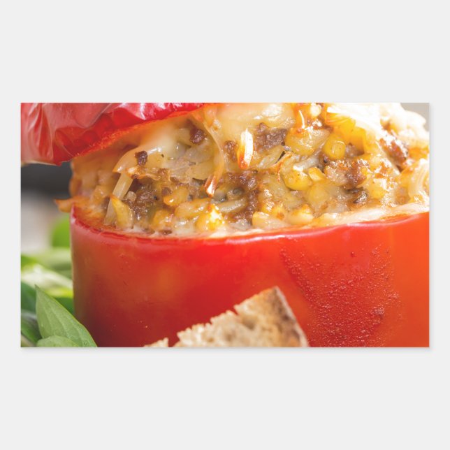 Baked stuffed peppers with meat sauce and cheese rectangular sticker (Front)