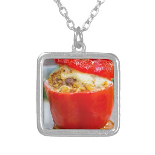 Baked stuffed peppers with meat sauce and cheese silver plated necklace