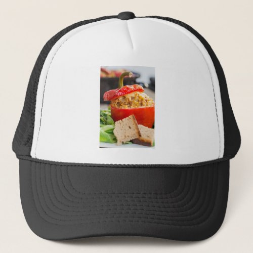 Baked stuffed peppers with meat sauce and cheese trucker hat