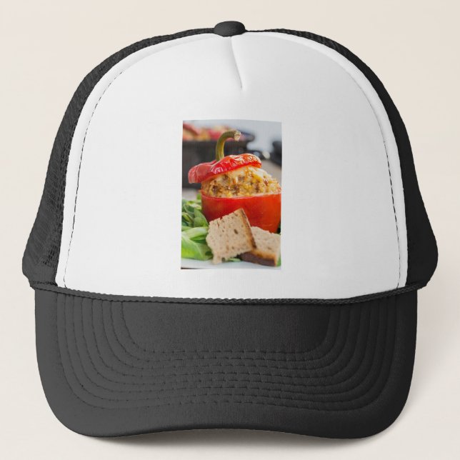 Baked stuffed peppers with meat sauce and cheese trucker hat (Front)