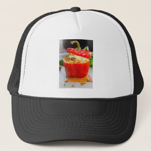 Baked stuffed peppers with meat sauce and cheese trucker hat