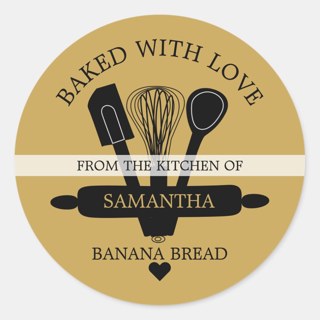 Baked With love Banana Bread Black And Gold Classic Round Sticker | Zazzle