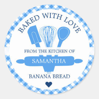 Baked With love Banana Bread Blue Gingham Kitchen Classic Round Sticker