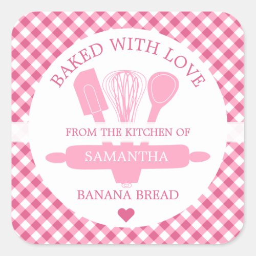 Baked With love Banana Bread Pink Gingham Kitchen  Square Sticker