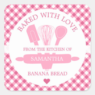 Baked With love Banana Bread Pink Gingham Kitchen  Square Sticker