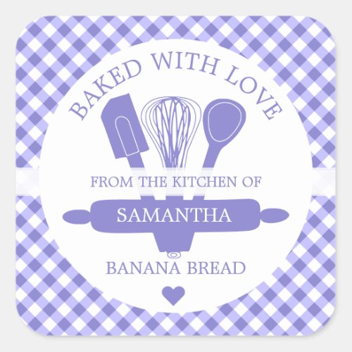 Baked With love Banana Bread Purple Gingham   Square Sticker