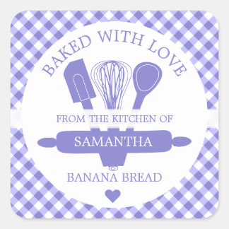 Baked With love Banana Bread Purple Gingham   Square Sticker