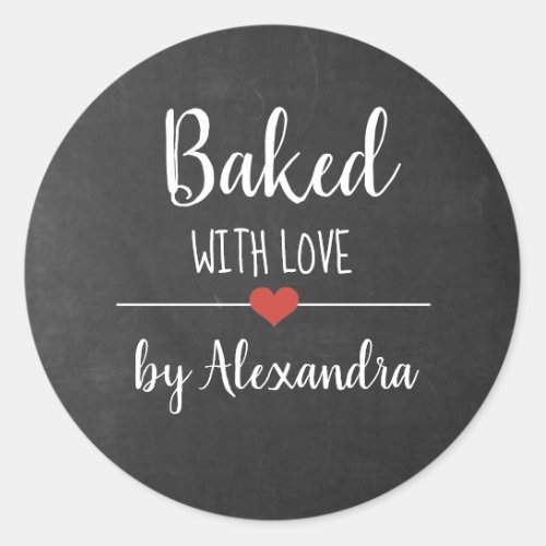 Baked with love black chalkboard classic round sticker