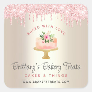 Baked With Love Cake Blush Pink Glitter Drips Gold Square Sticker