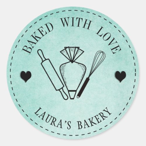 Baked with Love Cake Rolling Pin Whisk Piping Bag Classic Round Sticker