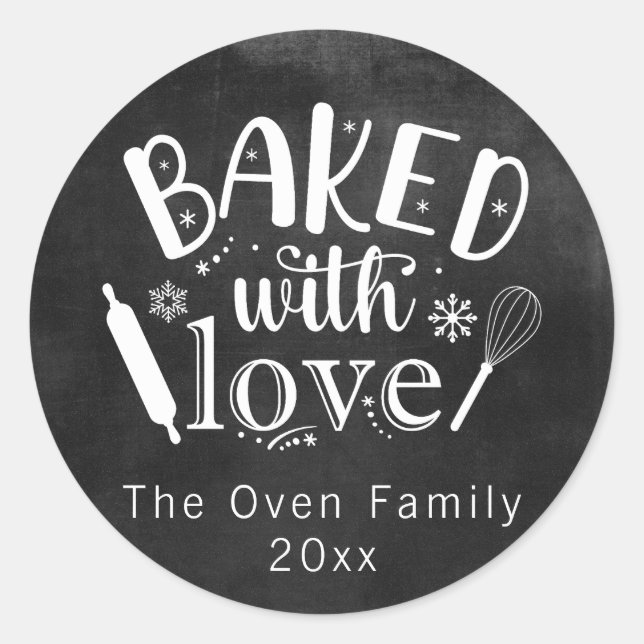 Baked with Love Chalkboard Holiday Modern Classic Round Sticker (Front)