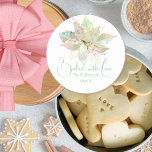 Baked with Love Christmas Cookie Pastel Floral Classic Round Sticker<br><div class="desc">This Baked with Love round sticker features a pastel poinsettia with pink berries and gold glitter highlights. It is so elegant and modern for your Christmas cookies and other treats.  You can customize your message and name for that cookie exchange or Christmas present.</div>