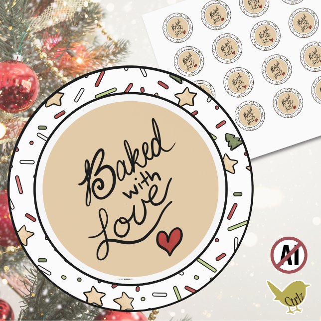 Baked with Love Christmas Cookie Sprinkles Classic Round Sticker (These cute "baked with love" stickers are perfect for your Christmas cookie exchange party favors. )