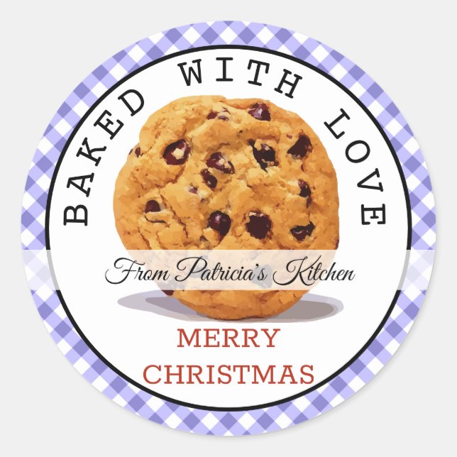 Baked With love Christmas Cookies Purple Gingham Classic Round Sticker (Front)
