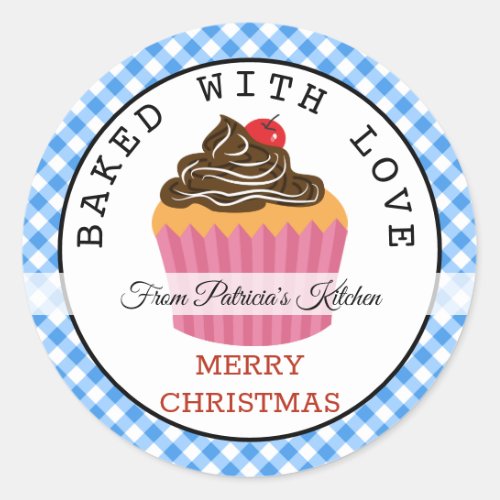 Baked With love Christmas Cupcakes Blue Gingham Classic Round Sticker