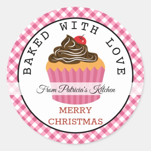 Baked With love Christmas Cupcakes Pink Gingham Classic Round Sticker