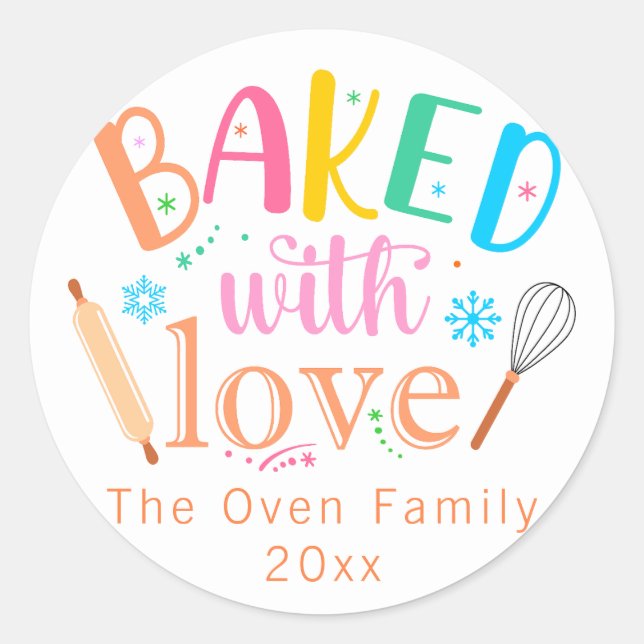 Baked with Love Colorful Holiday Modern Classic Round Sticker (Front)