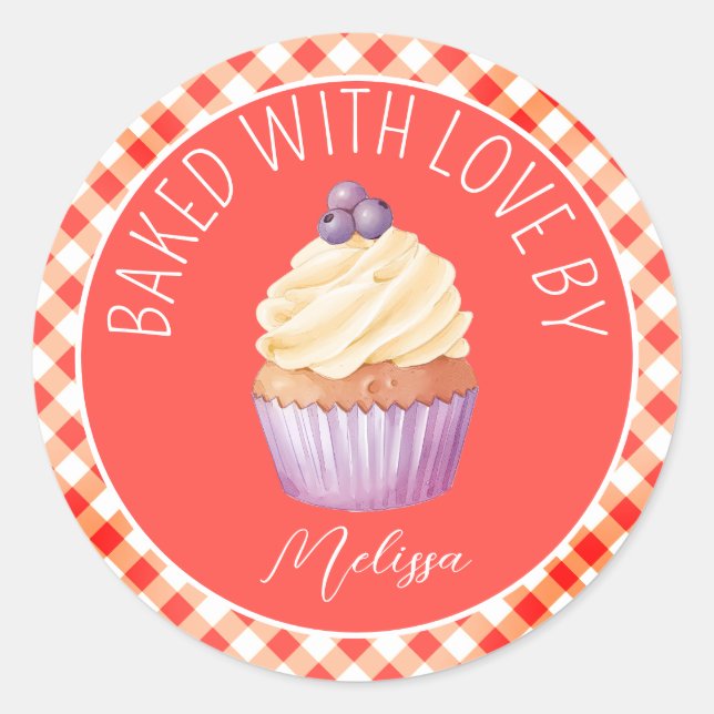 Baked With Love Cupcakes Red Plaid Personalized Classic Round Sticker (Front)