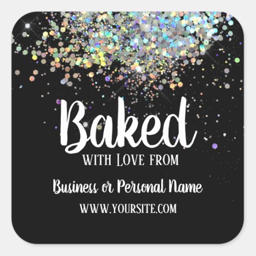 Baked with Love Custom Business Rainbow Glitter Square Sticker