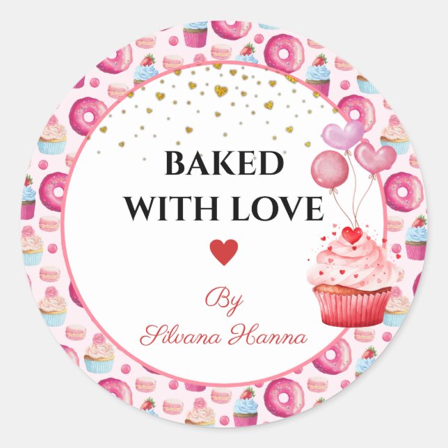 Baked with Love - Cute Cupcakes & Donuts  Classic Round Sticker (Front)