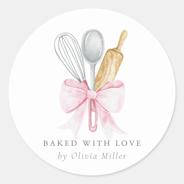 Baked With Love Elegant Pink Bow Personalized  Classic Round Sticker (Front)