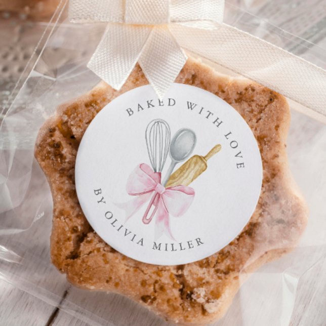 Baked With Love Elegant Pink Bow Personalized  Classic Round Sticker (Creator Uploaded)