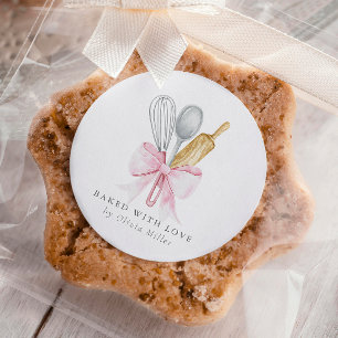 Baked With Love Elegant Pink Bow Personalized Classic Round Sticker