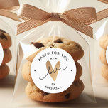 Baked With Love Faux Gold Heart Personalized Gift Classic Round Sticker<br><div class="desc">Elevate your homemade treats with a touch of sophistication using these modern gift labels. Each label features a faux gold foil heart design, exuding elegance and charm, along with the customizable text 'Baked for you with love by [Name].' Perfect for adding a personalized and heartfelt touch to your culinary creations,...</div>
