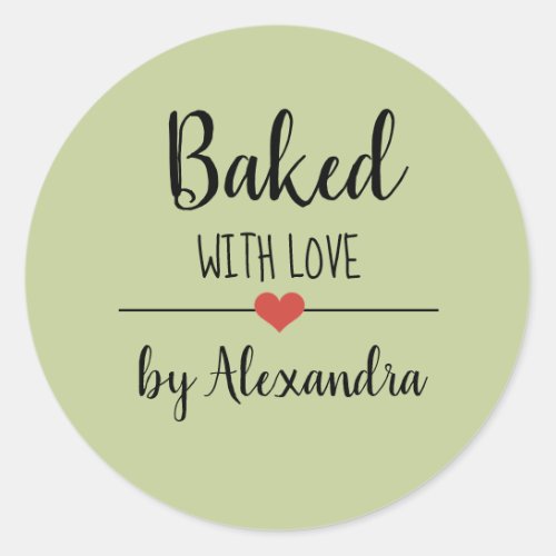 Baked with love green script name  classic round sticker