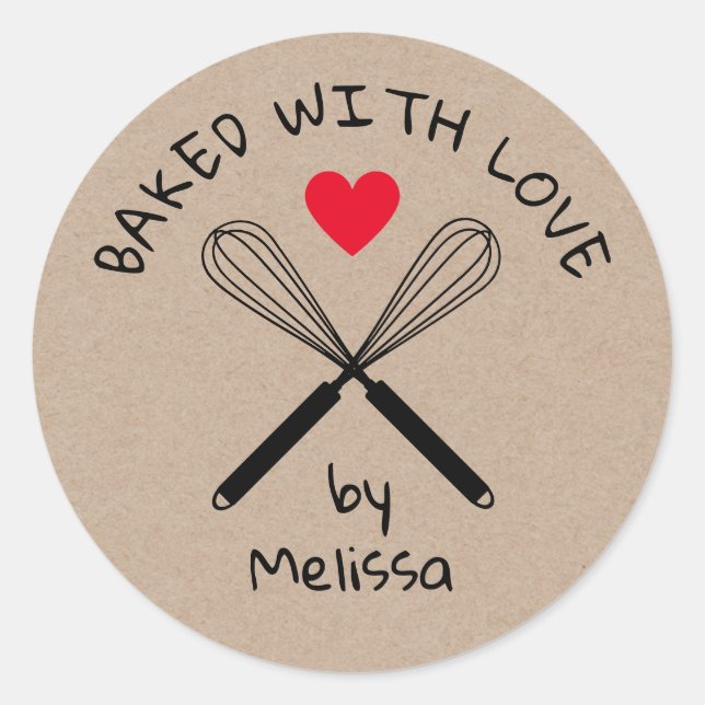 Baked With Love Kitchen Whisk Rustic Kraft Classic Round Sticker (Front)