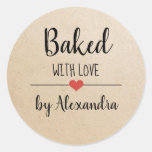 Baked with love kraft script name classic round sticker