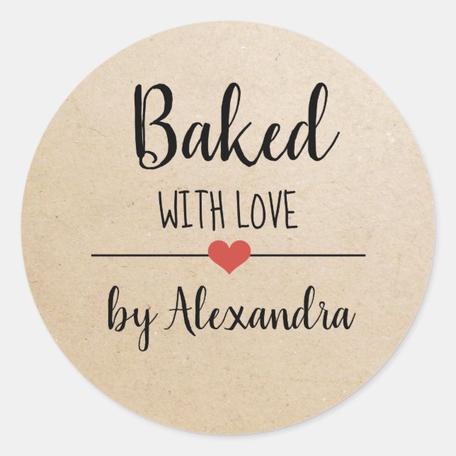 Baked with love kraft script name classic round sticker (Front)