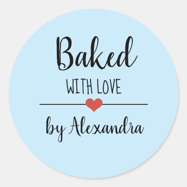 Baked with love light blue script name  classic round sticker (Front)