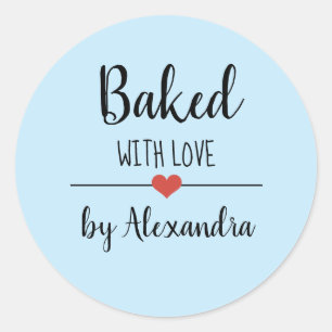 Baked with love light blue script name  classic round sticker