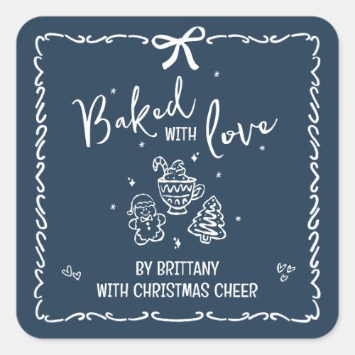 Baked With Love Navy Christmas Hand Drawn Doodles Square Sticker