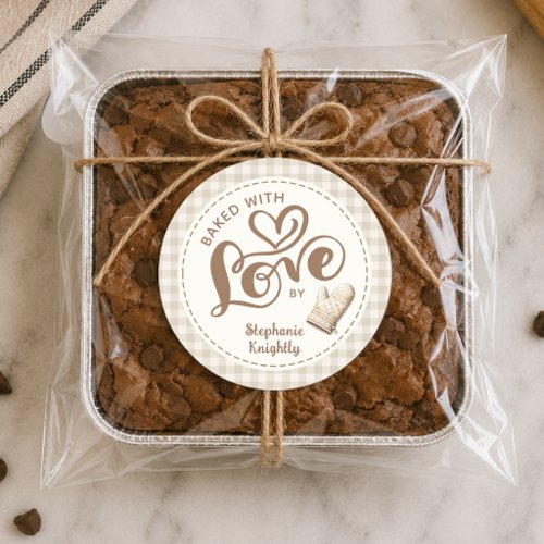 Baked With Love Neutral Gingham Personalized Classic Round Sticker
