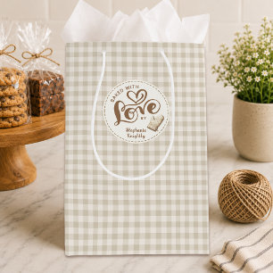 Baked With Love Neutral Gingham Plaid Personalized Medium Gift Bag