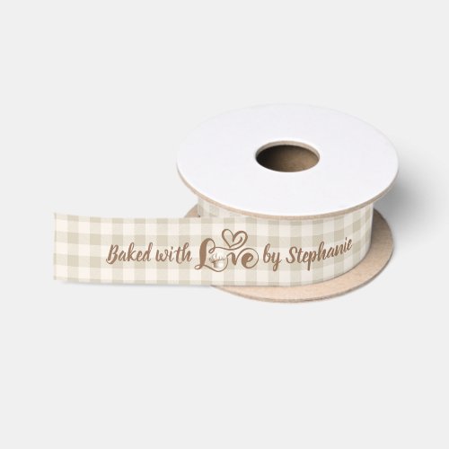 Baked With Love Neutral Gingham Plaid Personalized Satin Ribbon