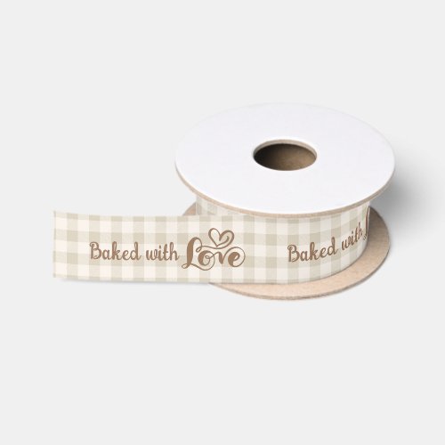 Baked With Love Neutral Gingham Script Heart Satin Ribbon