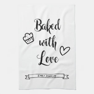 Baked with Love Personalized Name Black & White Kitchen Towel