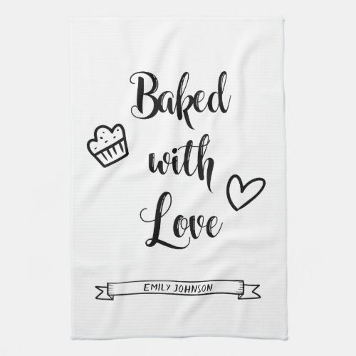 Baked with Love Personalized Name Black  White Kitchen Towel