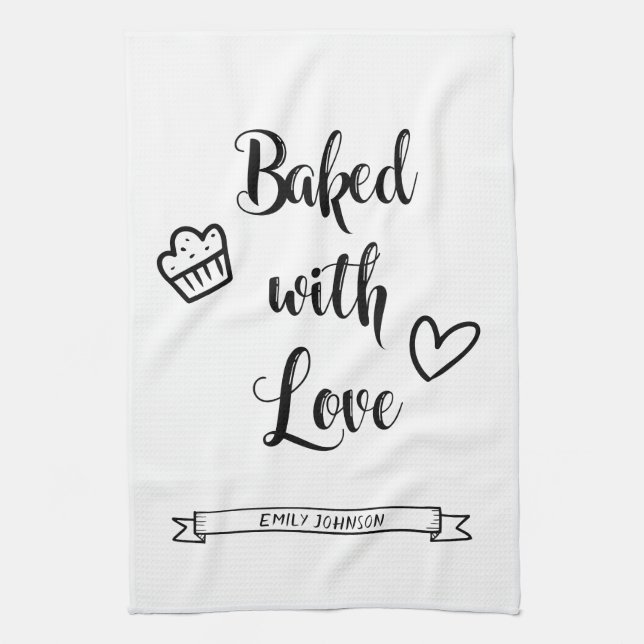 Baked with Love Personalized Name Black & White Kitchen Towel (Vertical)