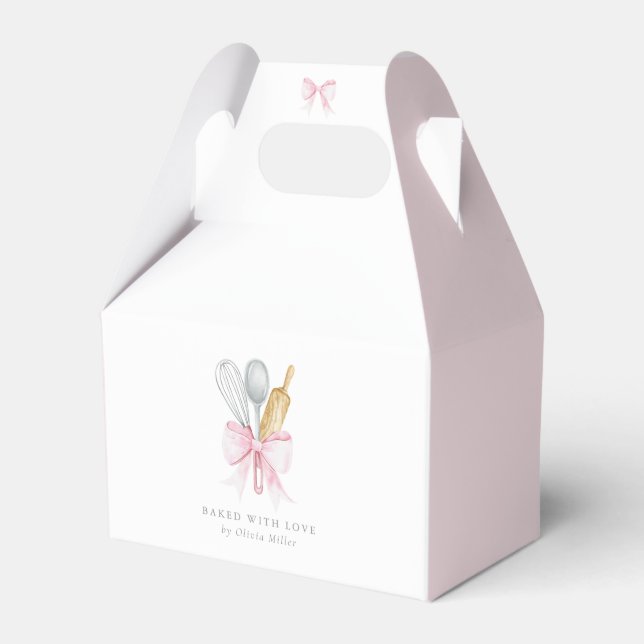 Baked With Love Pink Bow Coquette Personalized  Favor Boxes (Front Side)