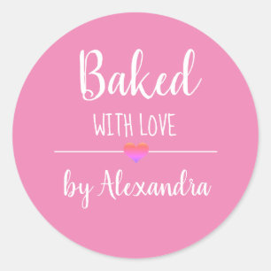 Baked with love pink name classic round sticker
