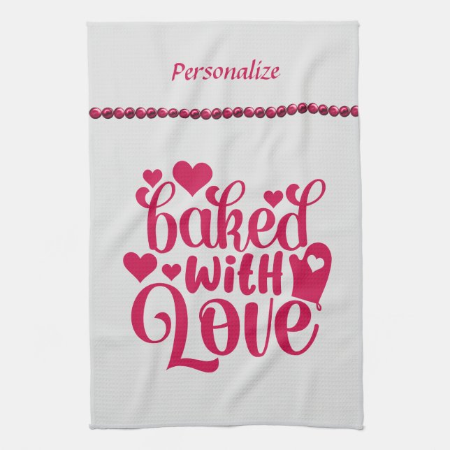 Baked With Love Quote Red Heart Pearl Kitchen Towel (Vertical)