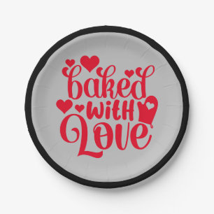 Baked With Love Quote Red Hearts Party Paper Plates