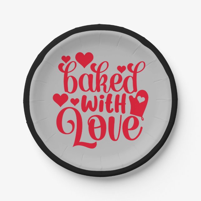 Baked With Love Quote Red Hearts Party Paper Plates (Front)