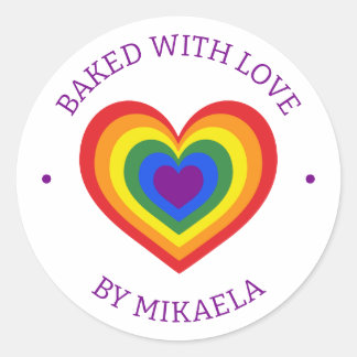 Baked With Love Rainbow Heart Custom Name Classic Round Sticker