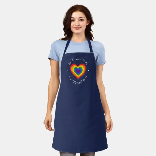 Baked With Love Rainbow Heart Custom Text Navy Apron